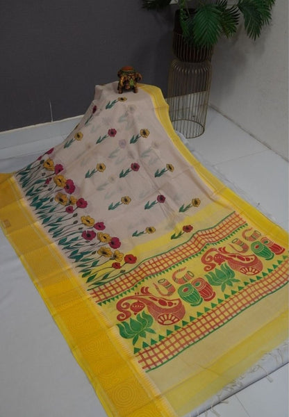 Pure Cotton Saree-Cream with Yellow in Sunshine Bloom Pattern