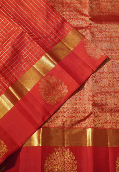 Pure Kanchipuram Silk Saree-Red Zari checks with Peacock Border
