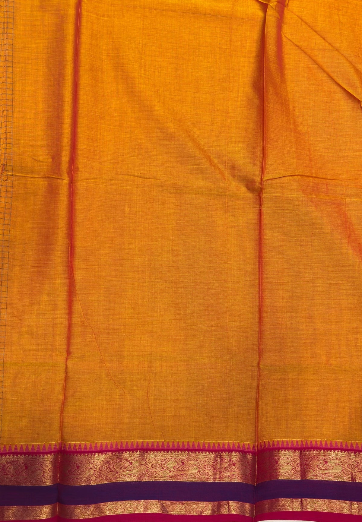 Rich Kanchi Cotton Saree-Mango Yellow in Checkered Pattern with Contrast Border