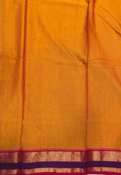 Rich Kanchi Cotton Saree-Mango Yellow in Checkered Pattern with Contrast Border