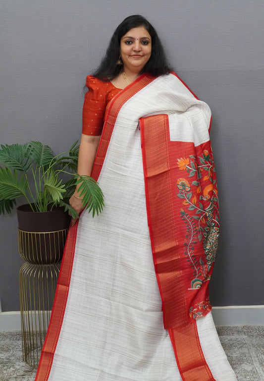 Semi Tussar Saree - White-Red