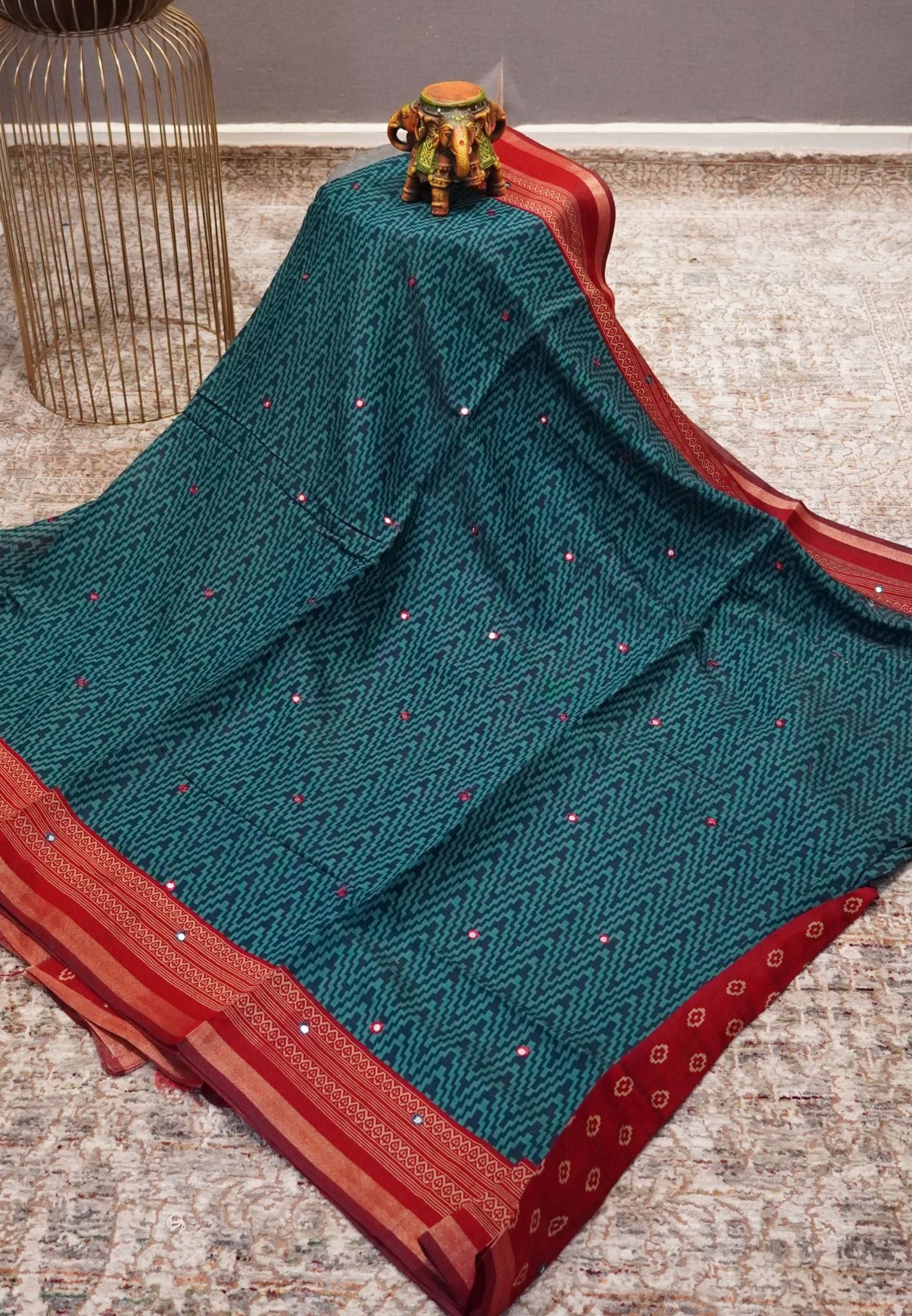 Malai Cotton Mirror Work Saree-Peacock Blue