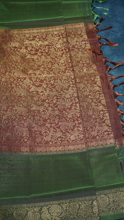 Vazhai Naaru Pattu Saree Vanasingaram Brick Red - Green