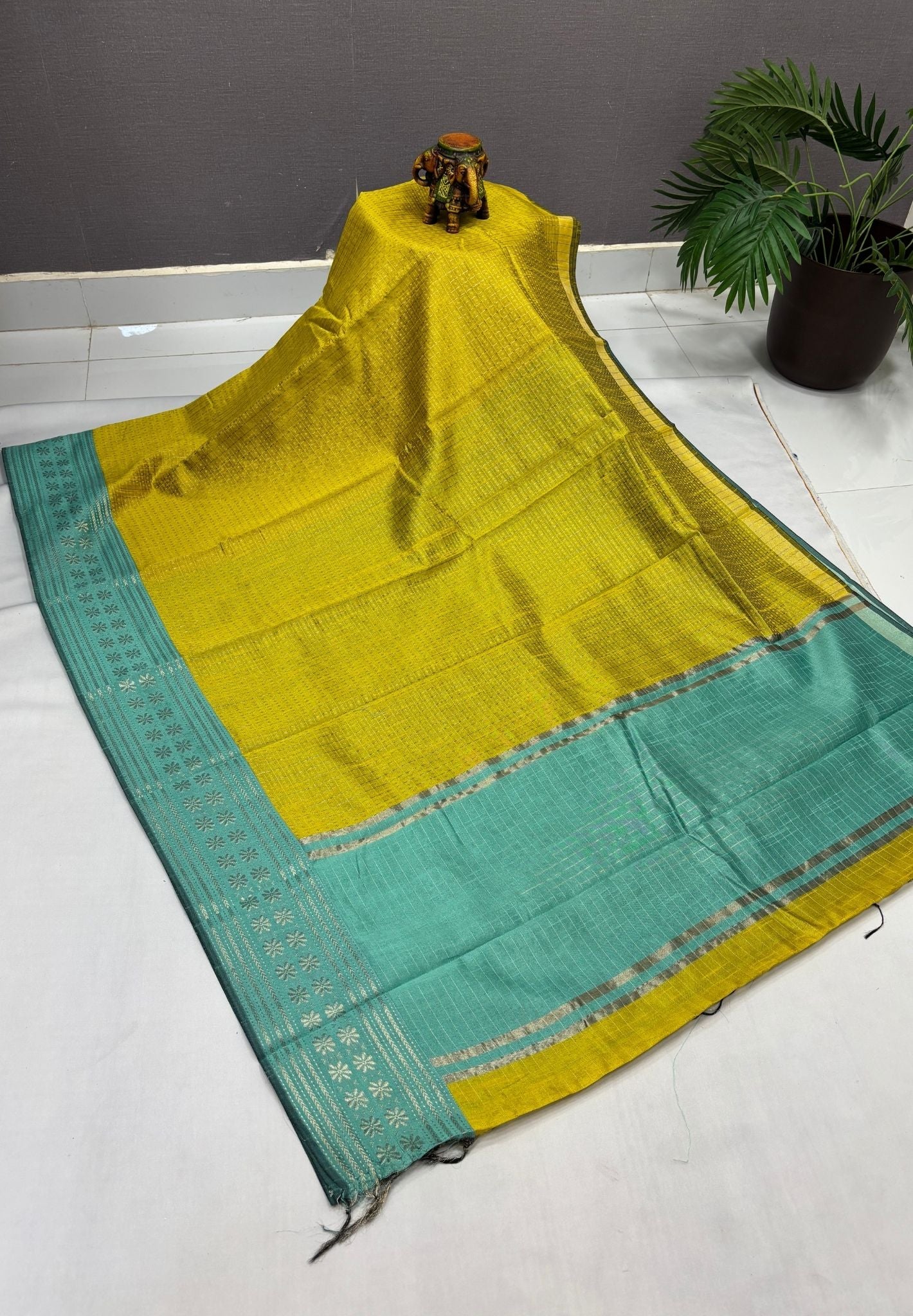 Raw Silk Saree-Yellow in 1000 Butta with Contrast Zari Border