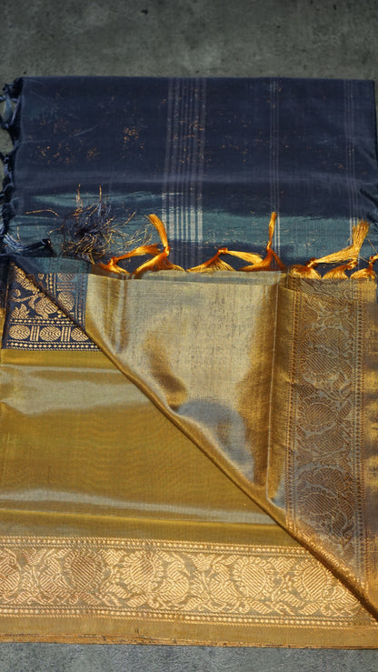 Vazhai Naaru Pattu Saree Vanasingaram Metallic Blue - Yellow