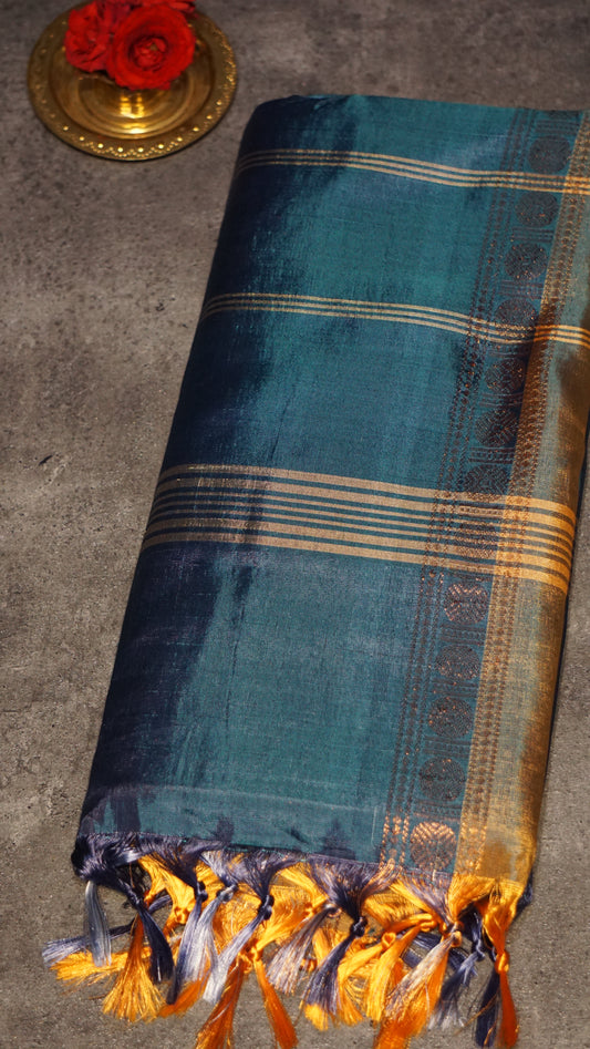 Vazhai Naaru Pattu Saree Vanasingaram Peacock Blue - Yellow