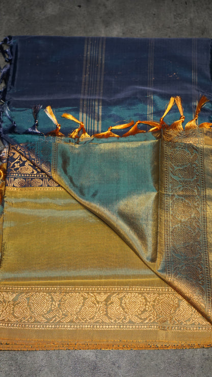 Vazhai Naaru Pattu Saree Vanasingaram Peacock Blue - Yellow