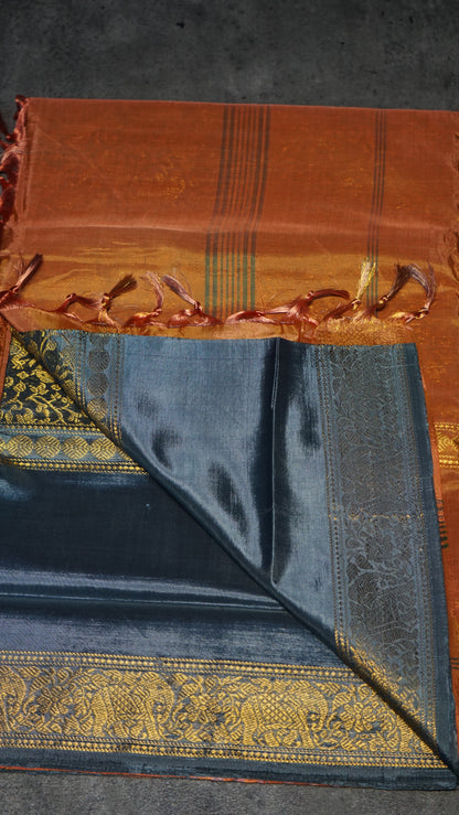 Vazhai Naaru Pattu Saree Vanasingaram Orange - Metallic Blue