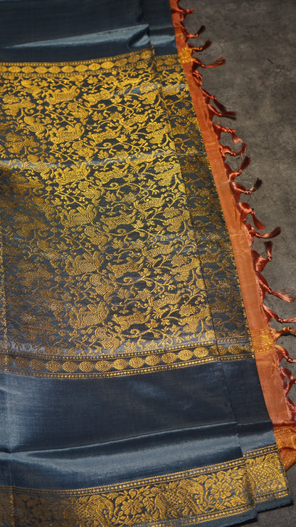 Vazhai Naaru Pattu Saree Vanasingaram Orange - Metallic Blue