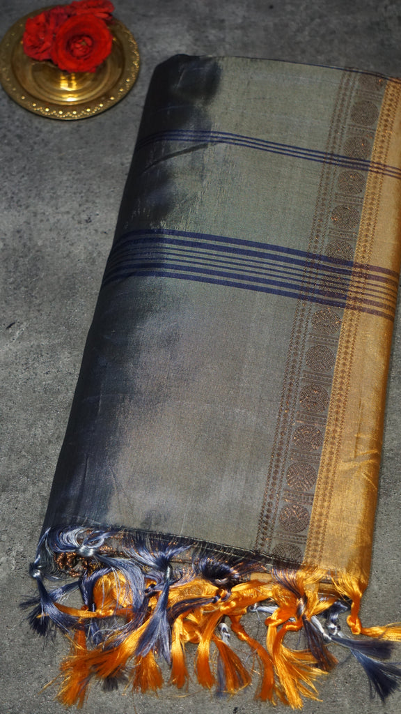 Vazhai Naaru Pattu Saree Vanasingaram Blueish Grey - Yellow
