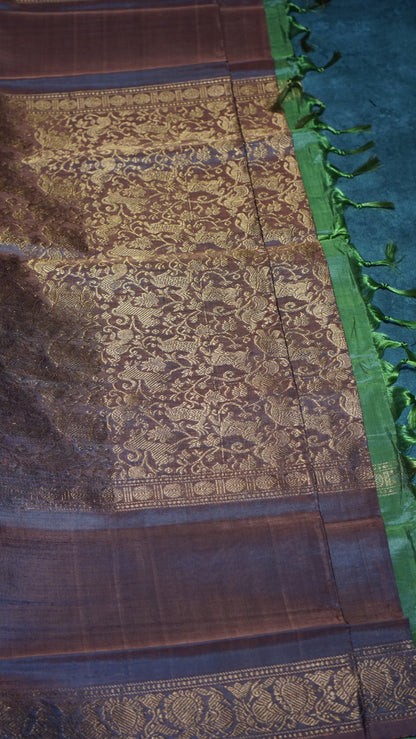 Vazhai Naaru Pattu Saree Vanasingaram Green - Brick Red