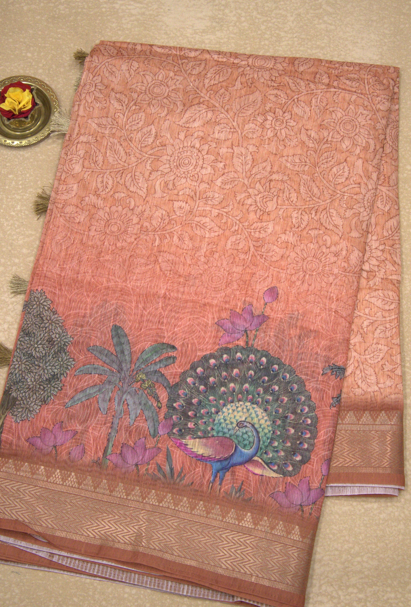 Semi Chanderi Saree Peacock Print-Orange