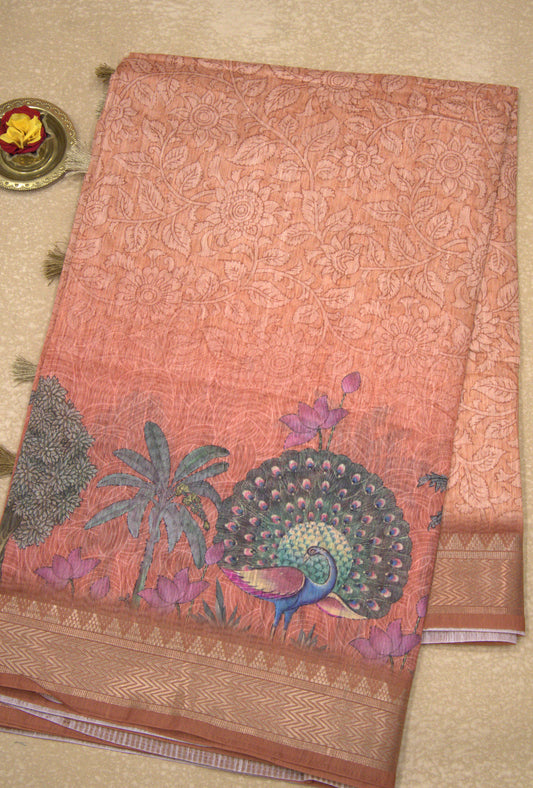 Semi Chanderi Saree Peacock Print-Orange