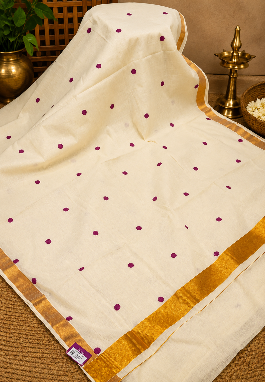 Cotton Saree-Off White with Purple Dots
