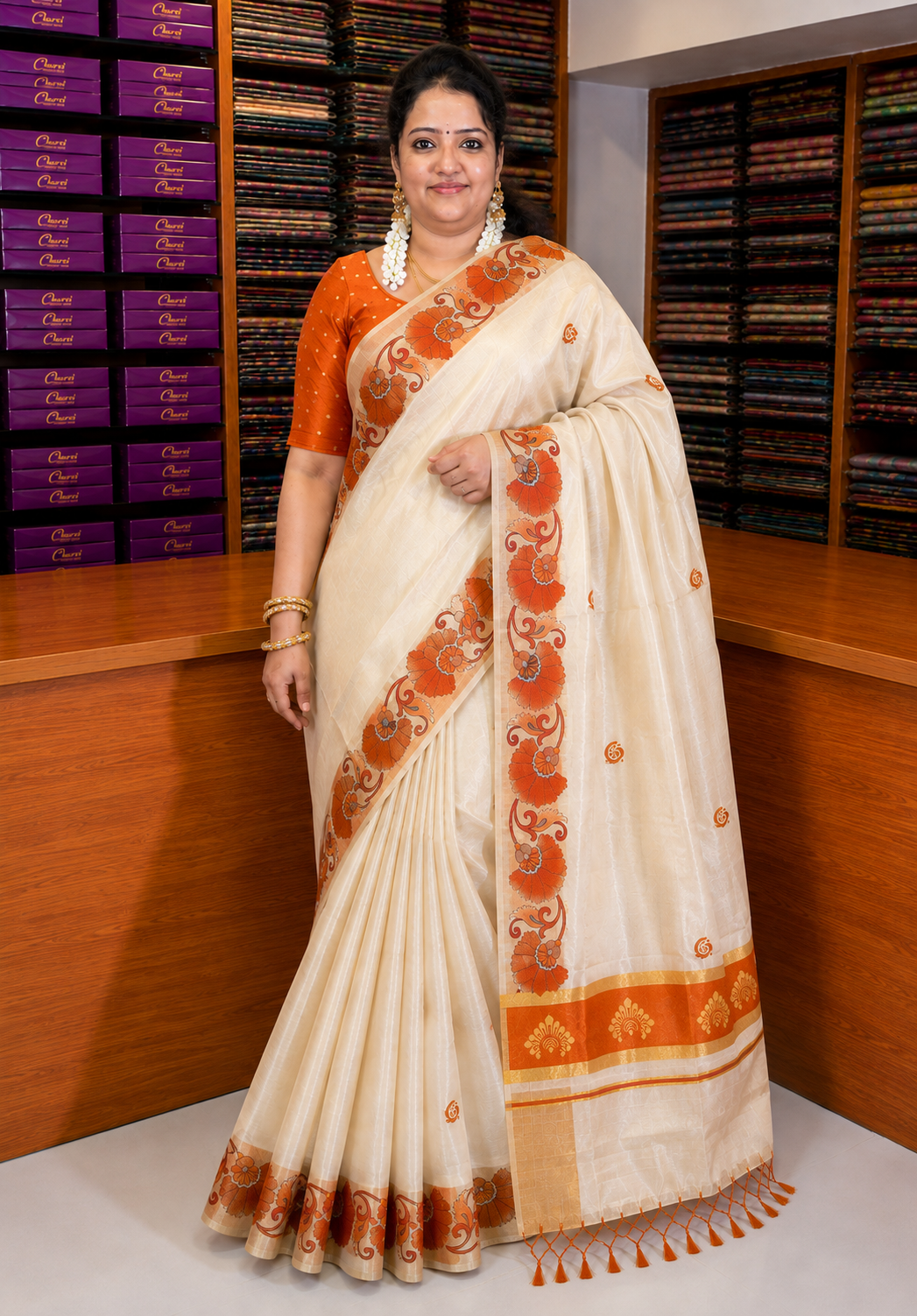 Tissue Silk Saree-Sandal with Kalamkari Border