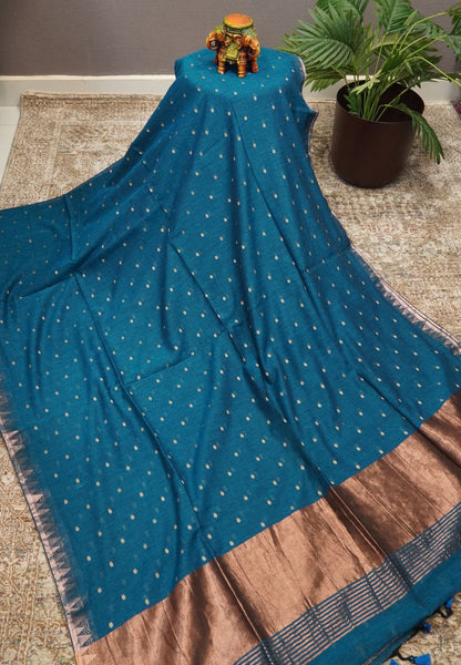 Handloom Cotton Saree-Ramar Blue With Delicate Woven Buttas