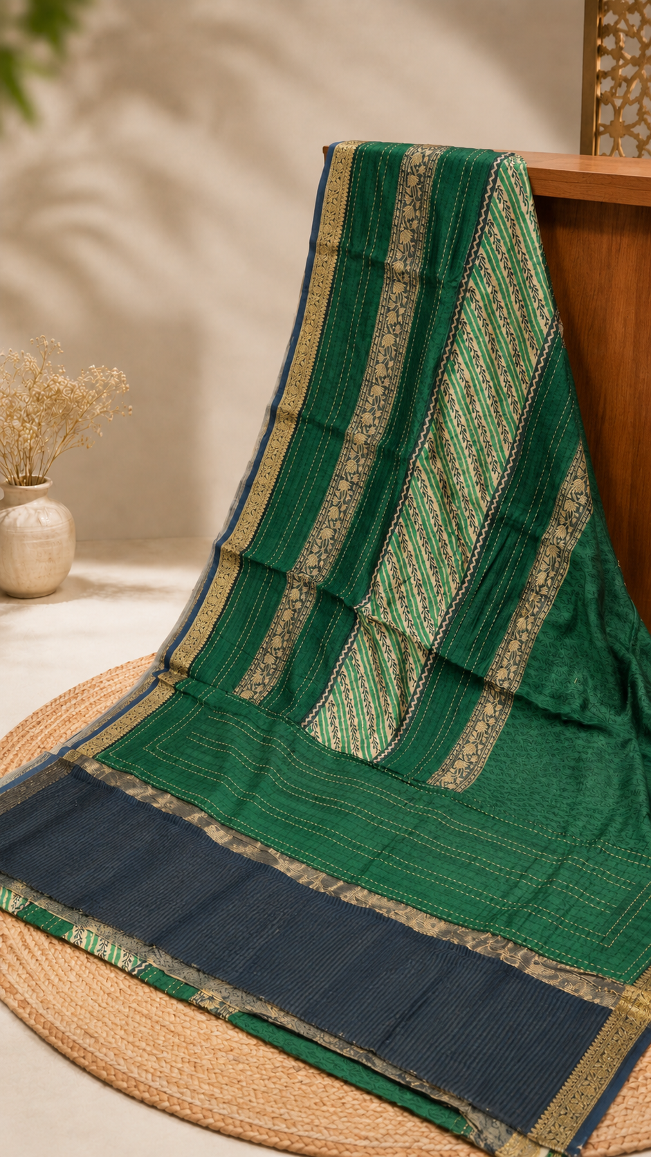 Pure Chanderi Saree-Green with Kantha Work
