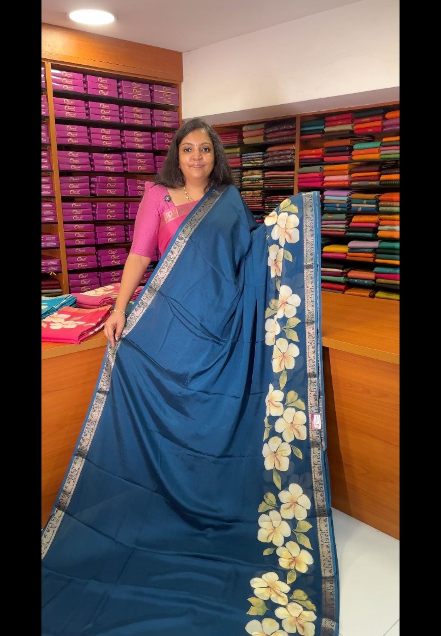 Art Mangalgiri Silk Saree-Peacock Blue with Floral Print