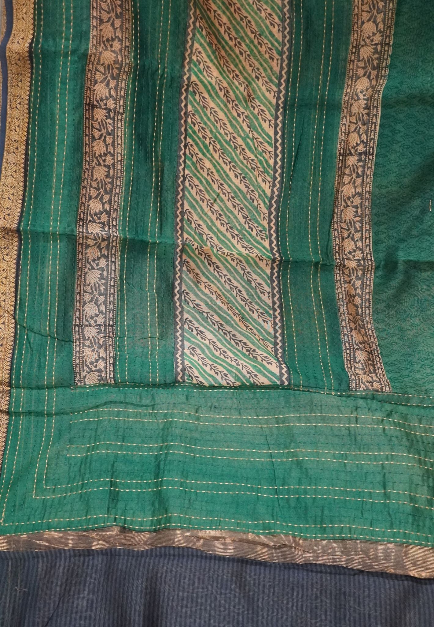Pure Chanderi Saree-Green with Kantha Work