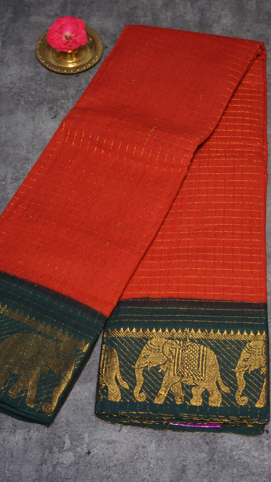 Sungudi Cotton Saree Checks Red - Bottle Green