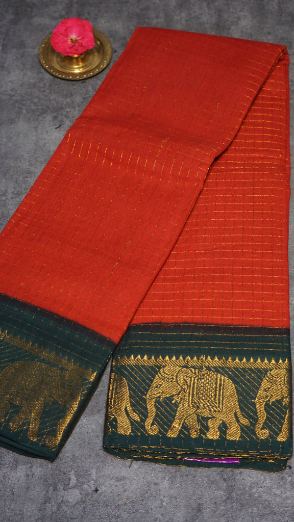 Sungudi Cotton Saree Checks Red - Bottle Green