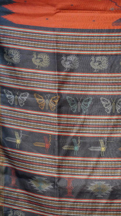 Gicha Tussar Saree Red - Navy Blue