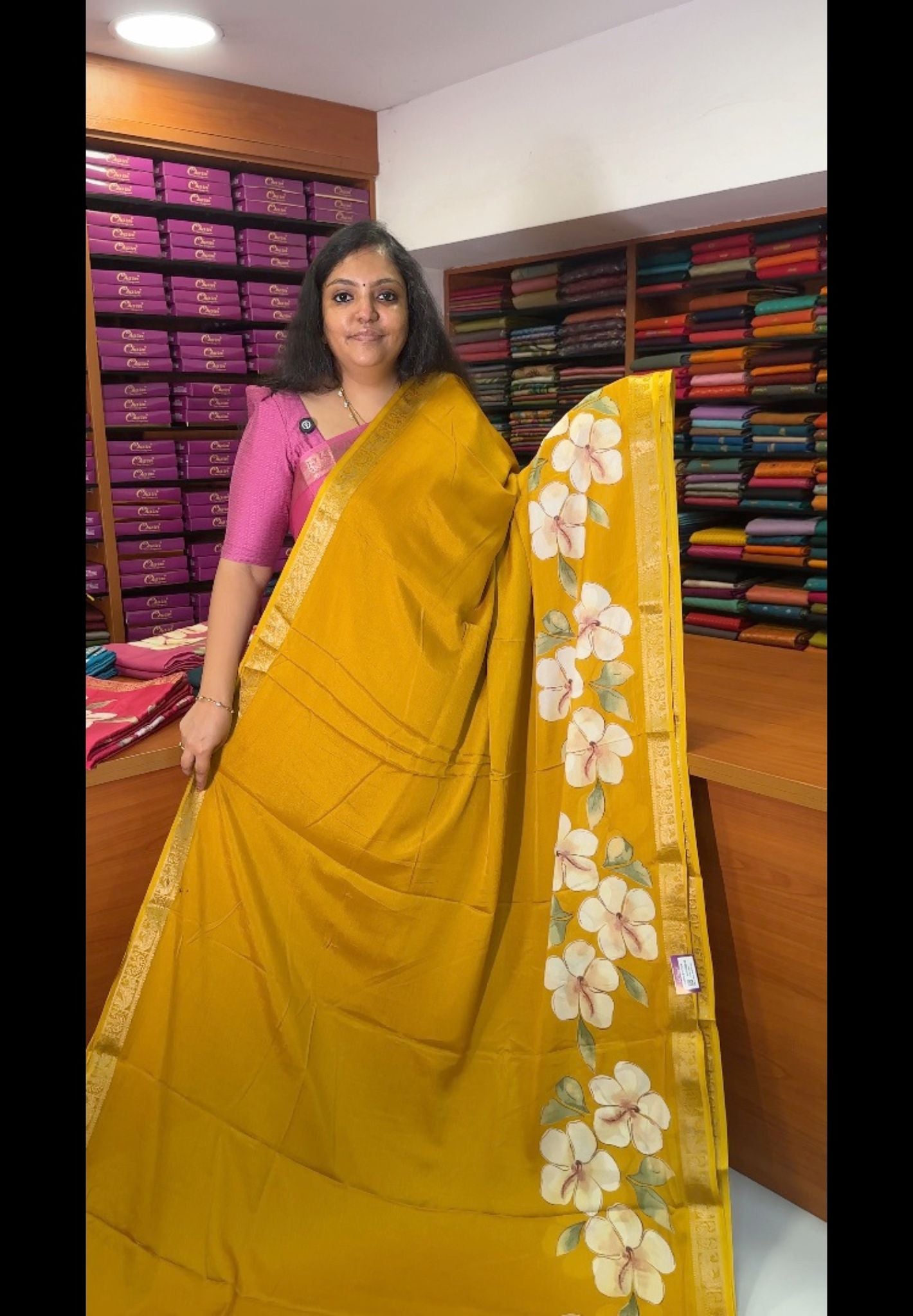 Art Mangalgiri Silk Saree-Mustard with Floral Print