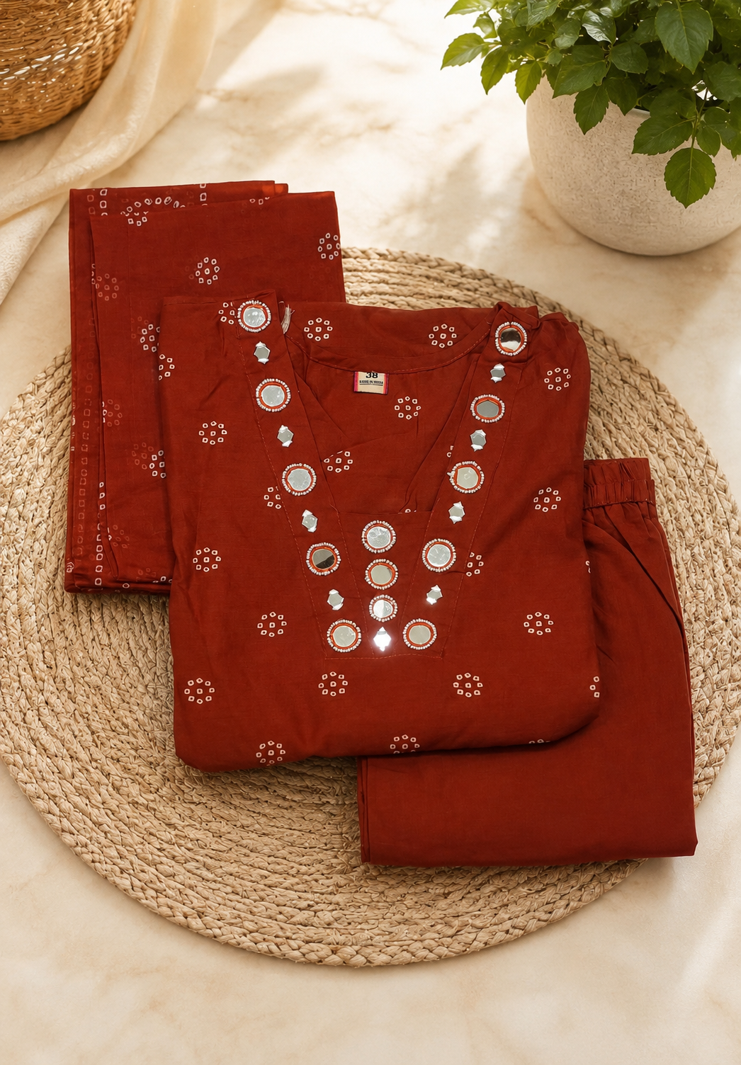 3Pcs Cotton Salwar Suit with Mirror Work