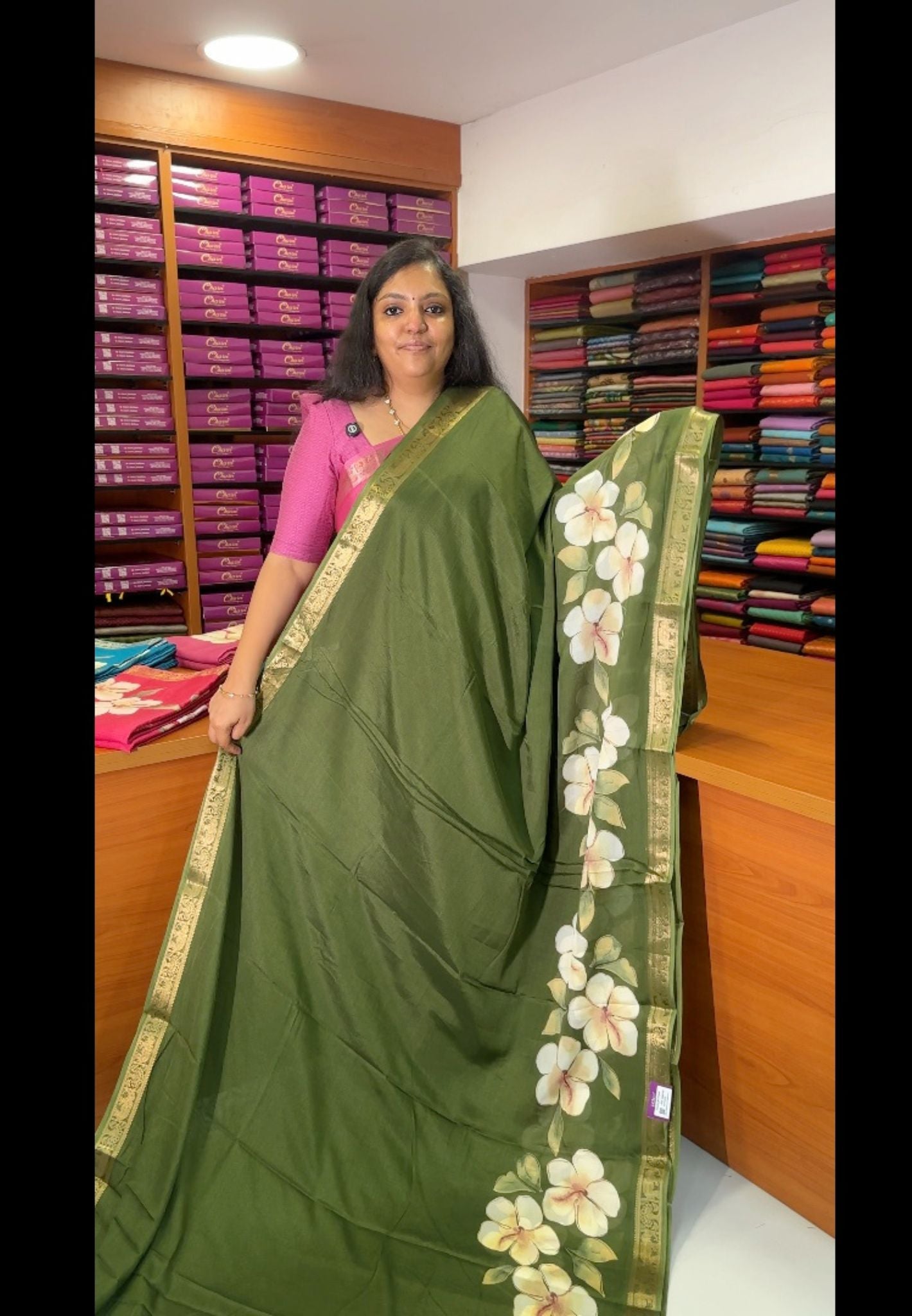 Art Mangalgiri Silk Saree-Sage Green with Floral Print