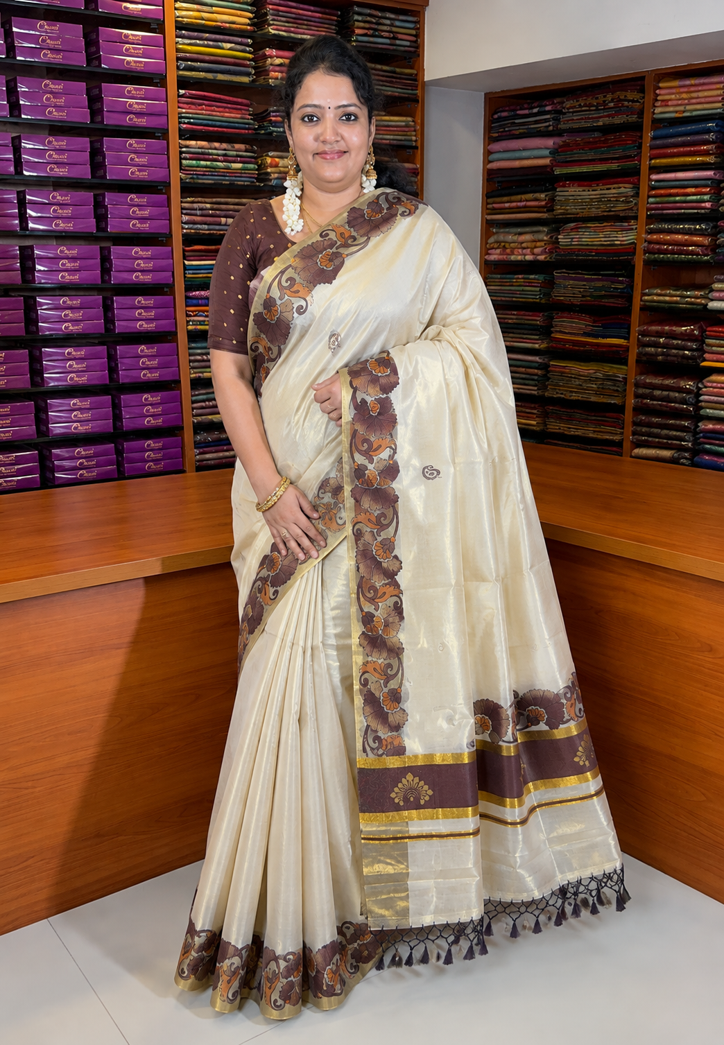Tissue Silk Saree-Sandal with Kalamkari Border