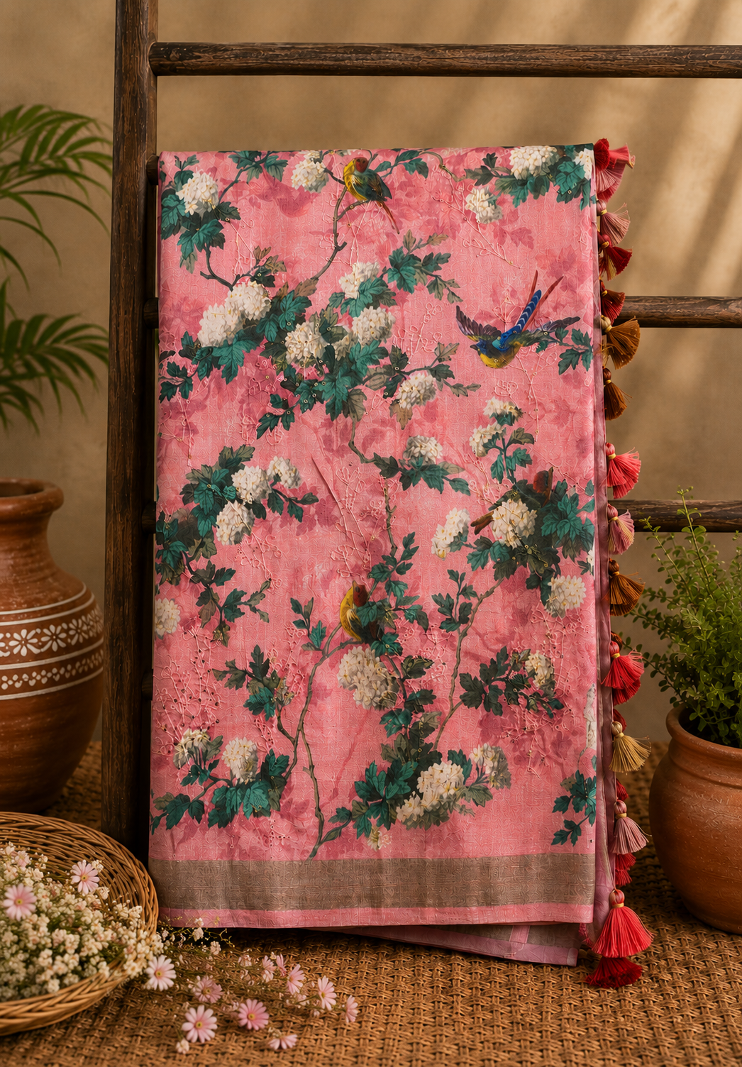 Pure Tussar Saree-Baby Pink with Blue Floral Print and Sequence work