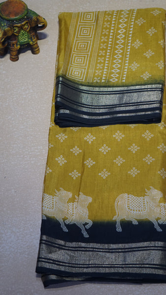 Shiffon Saree Cow Print Mustard - Black