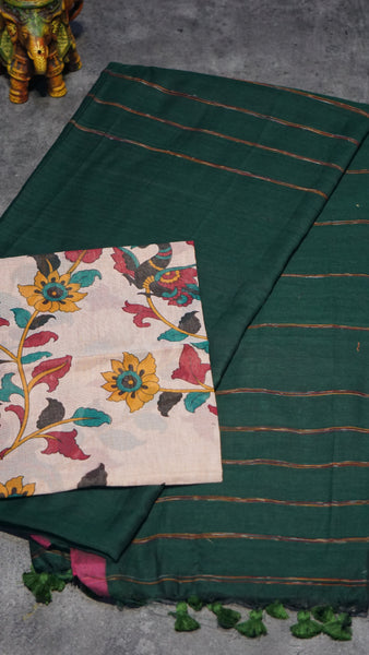 Handloom Cotton Saree Bottle Green