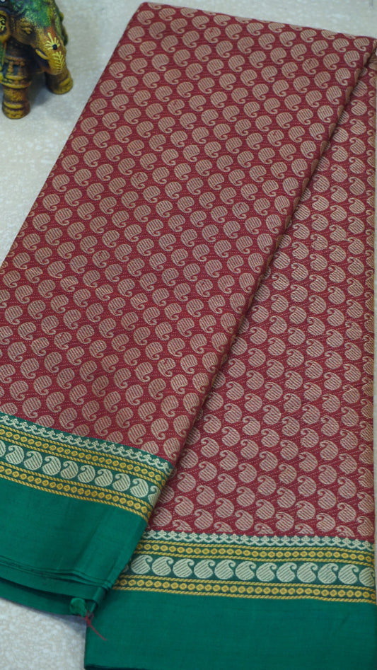 Kanchi Cotton Saree - Maroon with Green Border