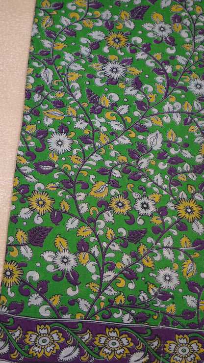 Kalamkari Saree Cotton - Green With Purple Border