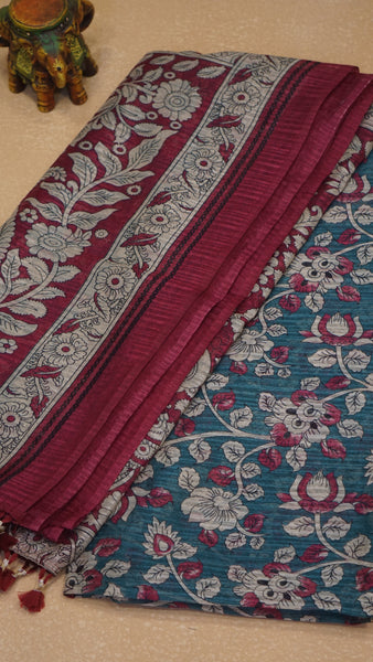 Jute Cotton Saree Kalamkari Print - Peacock Blue