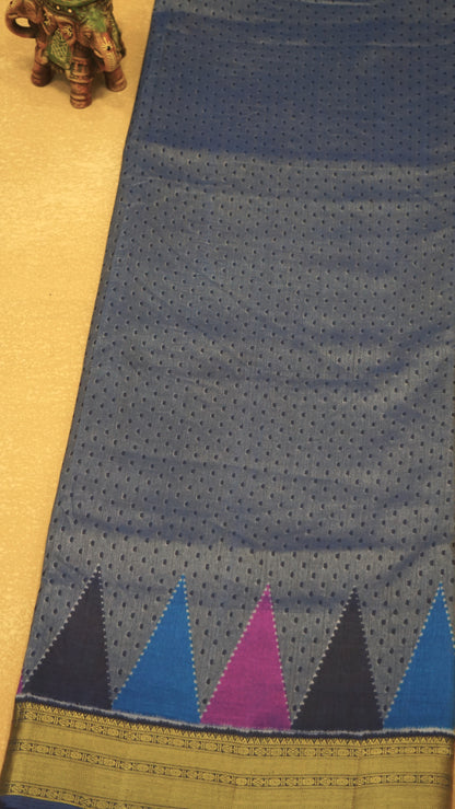 Semi Pattola With Temple Border - Blue