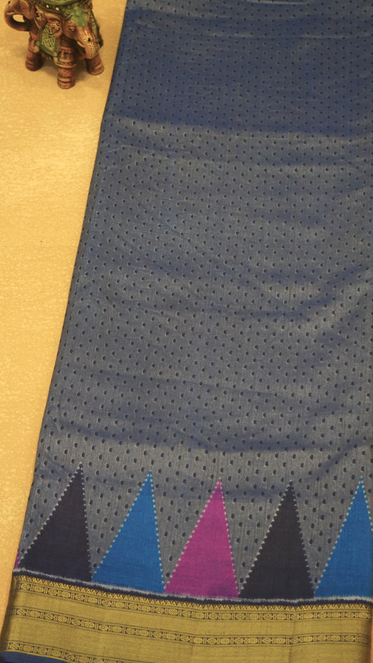 Semi Pattola With Temple Border - Blue