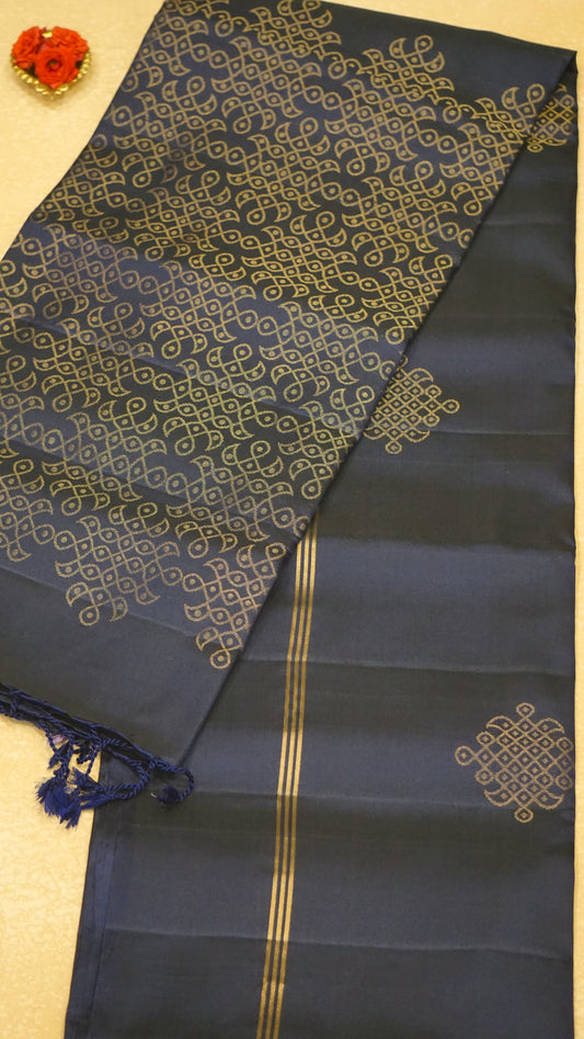 Soft Silk Saree Kolam Design - Navy Blue