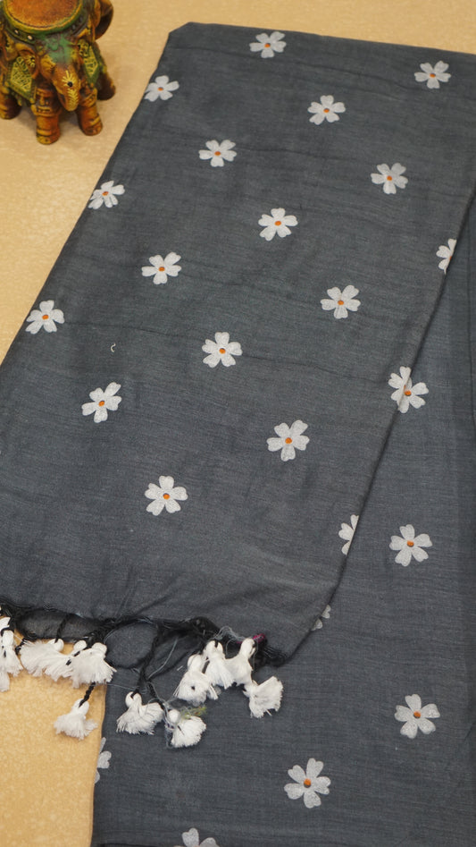 Handloom Cotton Saree - Grey With White Flower