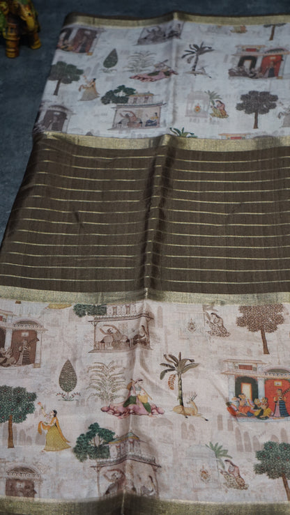 Semi Printed Silk Saree - Olive Green