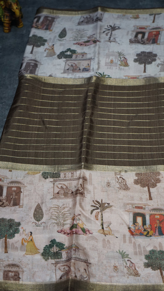 Semi Printed Silk Saree - Olive Green