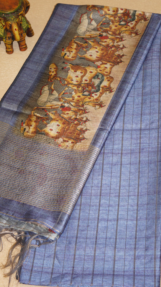 Semi Tussar Saree With Pichwai Border - Blue