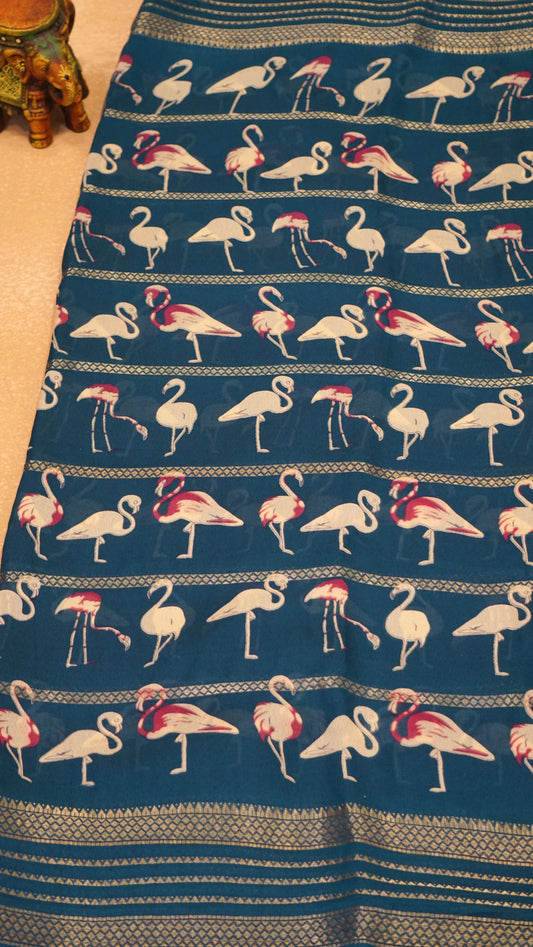 Shiffon Saree Flamingo Design - Teal Blue
