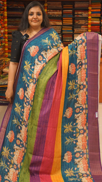 Shiffon Saree Pichwai Print Teal Blue