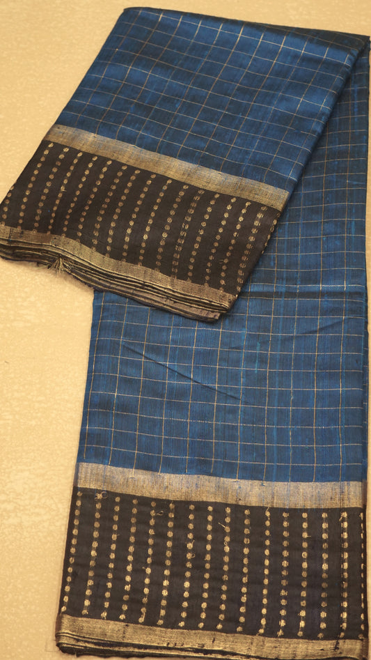 Pure Dupion Silk Saree Checks - Peacock Blue with Navy Blue Border