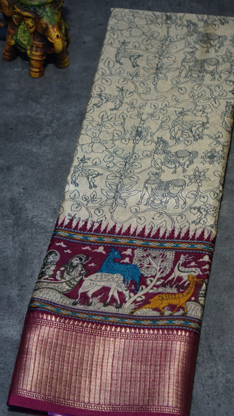 Dola Silk Kalamkari Print Magenta Border