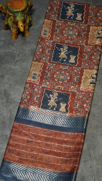 Semi Printed Silk Ajrak Print Brick Red - Navy Blue