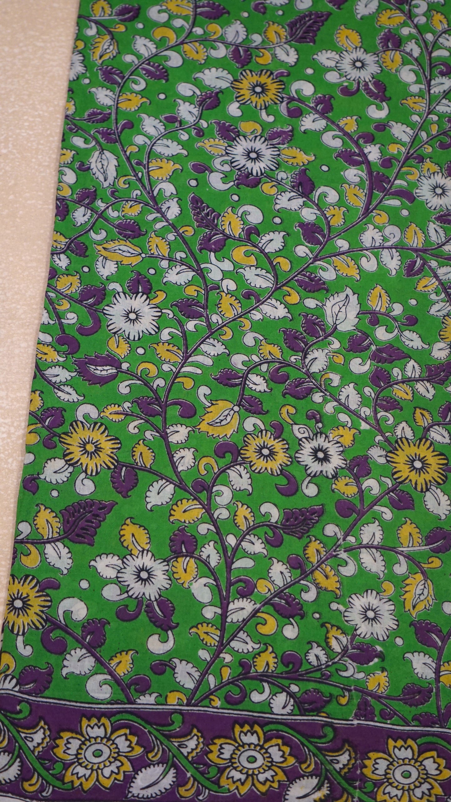 Kalamkari Saree Cotton - Green With Purple Border