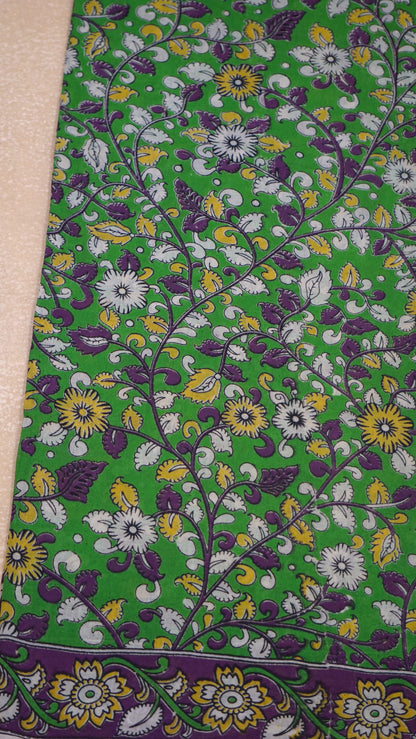 Kalamkari Saree Cotton - Green With Purple Border